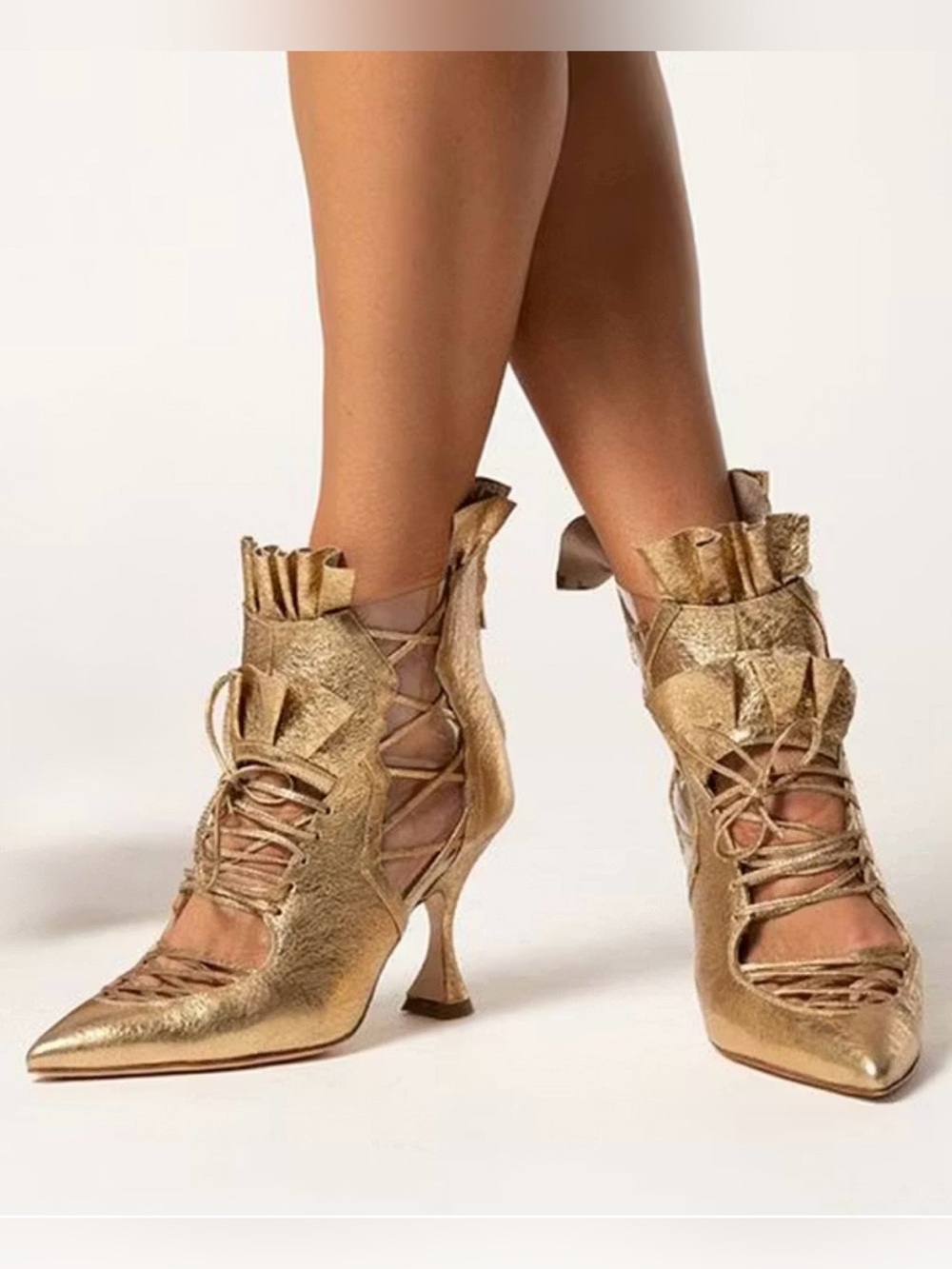 New FSJ Gold Lace-Up Pointy Heeled Booties 12 $106